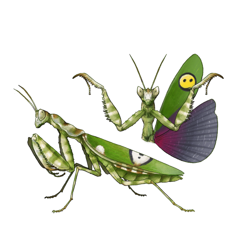 Illustration d’une femelle adulte de Creobroter gemmatus : vue latérale et posture d’intimidation avec ailes déployées, issue du livre Recueil d’un Entomologiste – Élevage de Mantes.