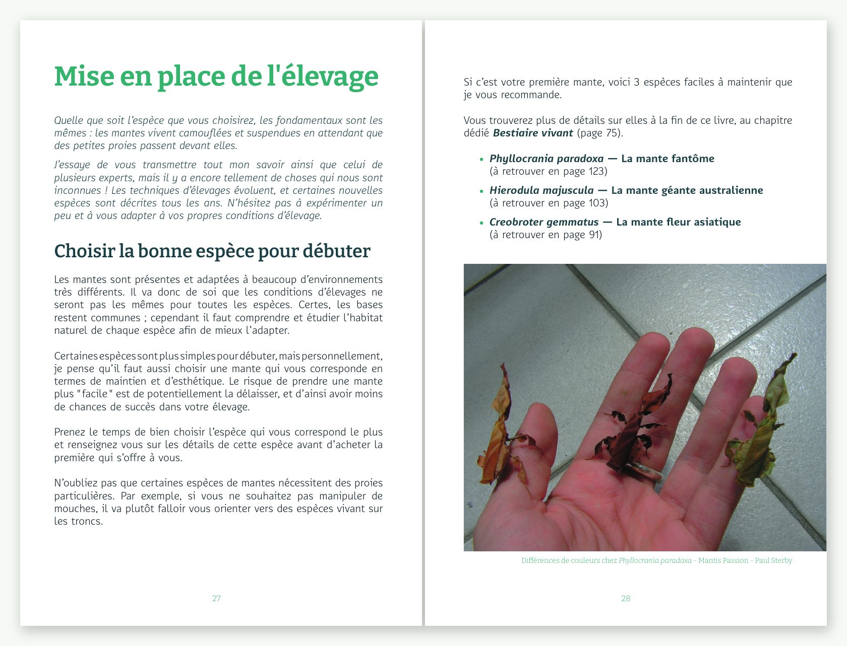 Double page du chapitre Choisir la bonne espèce pour débuter, avec trois espèces recommandées