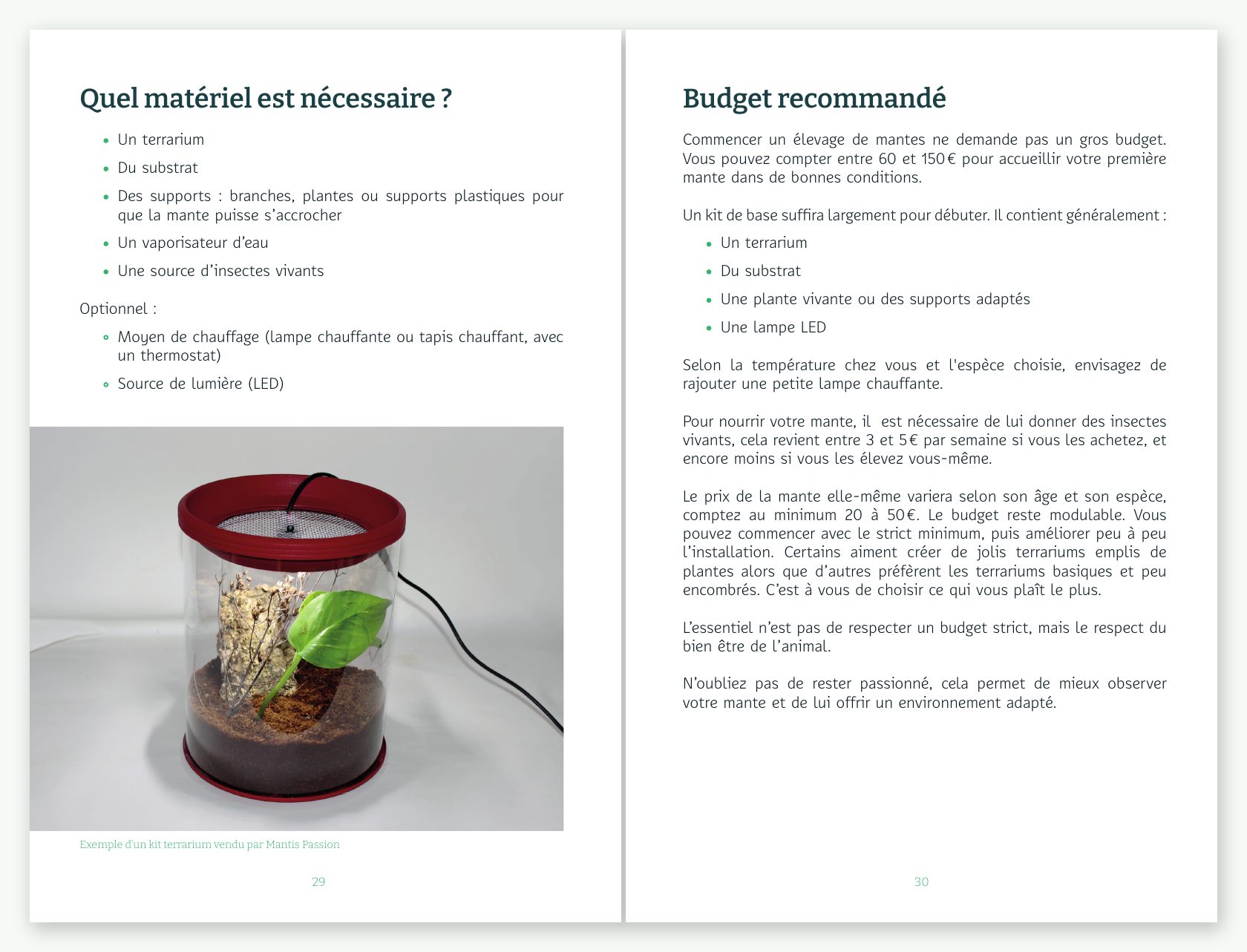 Double page sur le matériel nécessaire et le budget recommandé pour débuter un élevage de mantes